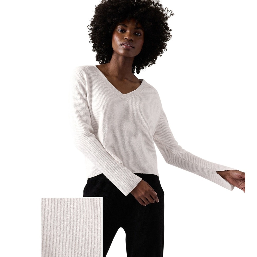 Athleta Felicity Cozy V-Neck Sweater Magnolia White Ribbed Cashmere Blend Large